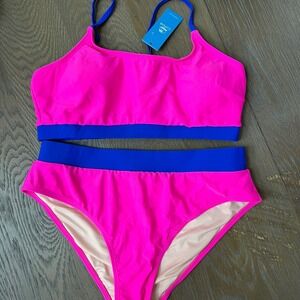 Cupshe Hot Pink Blue Two-Piece High Waist Bikini Swimsuit Beach Sexy